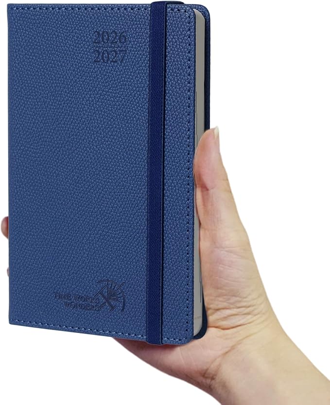 POPRUN 2026-2027 Pocket Weekly Planner Calendar, Size 4'' x 6.25'', Academic Planner (Jul 2026 - Jun 2027) Horizontal Layout with Lined Sections, Leather Hardcover, 100GSM Paper - Navy Blue