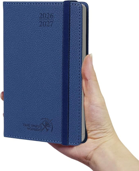 POPRUN 2026-2027 Pocket Weekly Planner Calendar, Size 4'' x 6.25'', Academic Planner (Jul 2026 - Jun 2027) Horizontal Layout with Lined Sections, Leather Hardcover, 100GSM Paper - Navy Blue