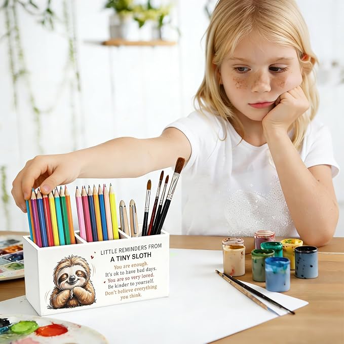 Inspirational Little Reminders Sloth Pen Pencil Holder for Desk, Sloth Gifts, Positive Motivational Mental Health Wooden Box Sign Decorations for Home Office Kids Room Bedroom Desk Tabletop