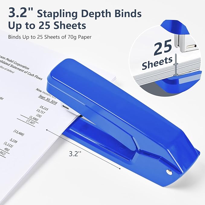 MJMX 360° Rotating Swing-Arm Stapler, 25-Sheet Capacity, with 1000 Staples, 8-Position Lock, ABS Durable Design, for Office/Home/School (Blue)