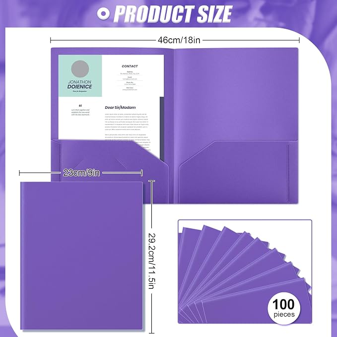 Gueevin 100 Pack Plastic Folder with Pockets, 2 Pocket Folders, Plastic Glossy Folders Fit Letter Size Paper, Heavy Duty Durable File Folder with Business Card for Home Office School (Purple)