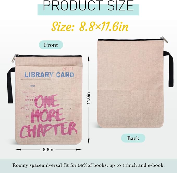 One More Chapter Book Sleeve for Book Lovers, Paperback Sleeve for Librarian Lovers Bookish Group Club Gifts for Women, Book Cover with Zipper and Front Pocket for paperbacks 9 x 12 Inch