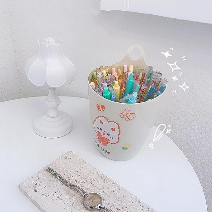 Wall Mount Pen Holder with Hanging Hook Remote Large Waste Basket Office Desk Management Organizer for Students Pen Cup Organizer Holder for Desk Unique White Cute Pink