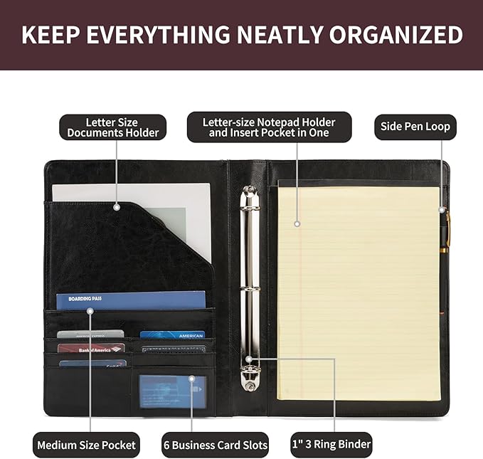 Vegan Leather 3 Ring Binder, 8.5 x 11 Letter Size Folio with Pen Holder, Soft Notebook Portfolio Cover, Slim Notepad Padfolio Thin File Organizer for Work Executive Meeting, Black