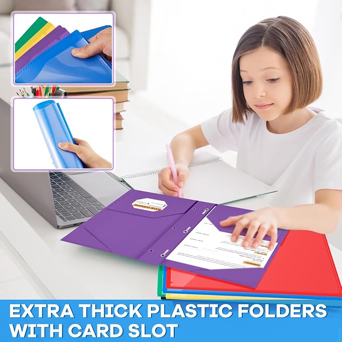 Henoyso 18 Pcs Plastic Folder with Clear Front Pocket and 3 Prong Plastic Folders with Card Slot Pocket Folders with Prongs for School Office (Colorful)