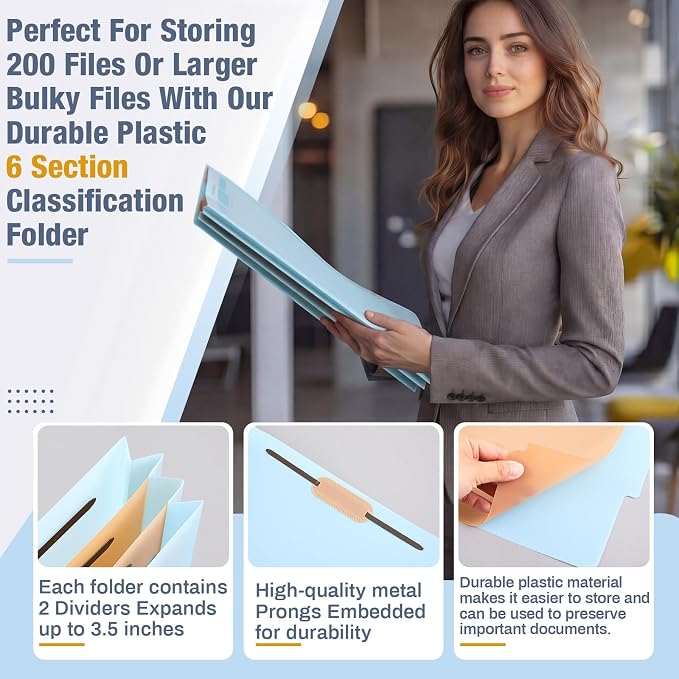 12 Pack Plastic Classification Folders with 2 Dividers & Fasteners, Heavy Duty 3.5” Expansion Letter Size File Folders for Law Client Files, Medical Records & Office Reports(Light Blue)
