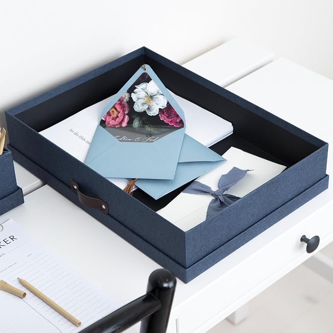 Bigso Sverker Canvas Fiberboard Legal and Art Storage Box | Scrapbook Storage Box for Loose Papers and More | Durable Document Boxes with Lid and Leather Handle | 17.1’’ x 12.2’’ x 3.3’’ | Blue