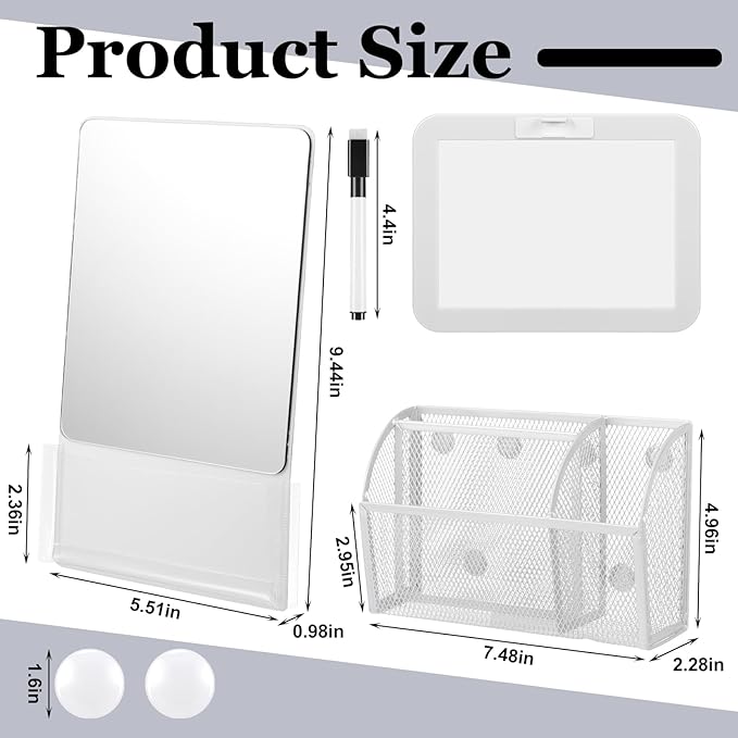 Fuyoooo Magnetic Locker Accessories Back to School Essentials Include Magnetic Mirror with Holder Magnet Mesh Pen Holder Small Whiteboard and Magnet for Office School Locker Organizer(Classic,White)