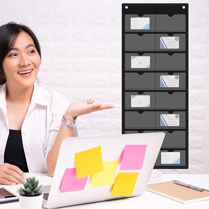 AmazingSpark 2 Pack 4'' x 6'' Index Card Holder Sleeve 16 Slot Black Plastic Organizer Hanging Wall Mount Business Note Cardholder PVC Clear Organizer Pocket for Classroom Office Library Home