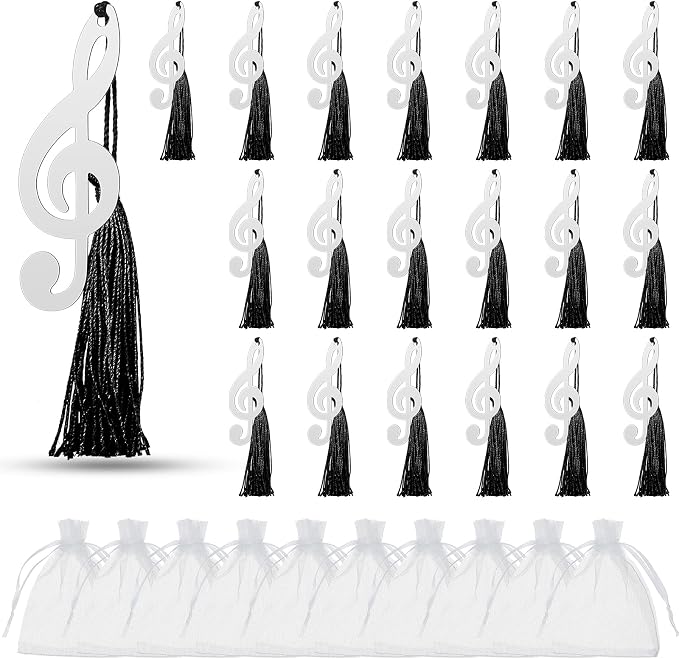 Gueevin 100 Pcs Music Gift Note Bookmarks Music Themed Party Favors Metal Musical Bookmarks with Silk Tassels and Organza Bags Musical Gifts Bulk for Band, Choir Members