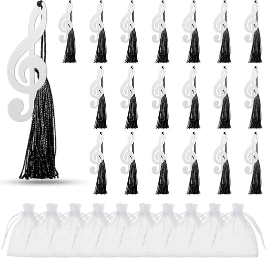 Gueevin 100 Pcs Music Gift Note Bookmarks Music Themed Party Favors Metal Musical Bookmarks with Silk Tassels and Organza Bags Musical Gifts Bulk for Band, Choir Members
