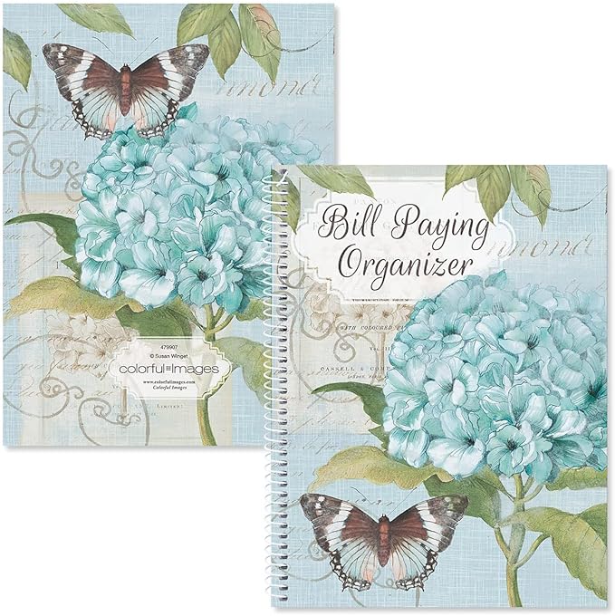 Current Hydrangea Bill Paying Organizer Book - 9" x 12” Personal Account Book, Spiral Bound, 14 Storage Pockets, 32 Label Stickers, Monthly Finance & Payment Management Tracker for Home & Office