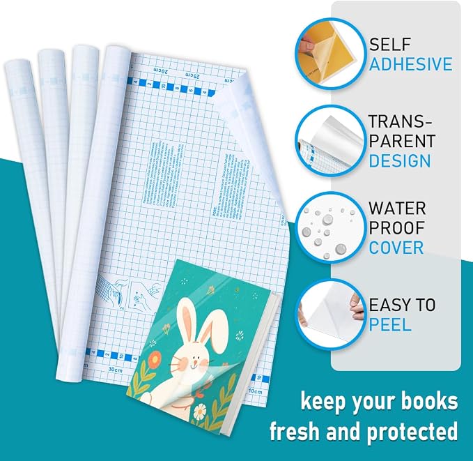 Chell 4 Pack Clear Contact Paper Roll for Books, 17.5in x 5ft Clear Self Adhesive Book Cover Paper Protector
