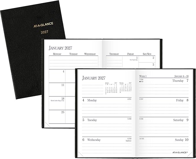 AT-A-GLANCE 2027 Planner, Weekly & Monthly, 2.75" x 4.25", Pocket Size Fine Diary, Faux Leather Hardcover, Black (72010527)