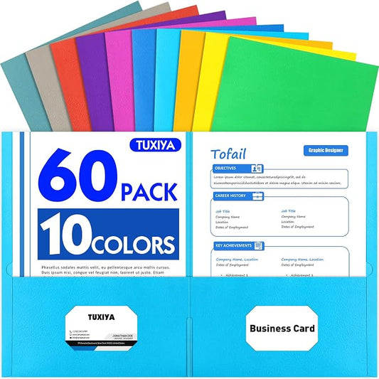 Two Pocket Folders, 60 Pack Paper Folders with Pockets, Assorted 10 Colors, Letter Size Paper Folder, Thick Textured Paper File Folders Bulk for School, Office, Business, Home