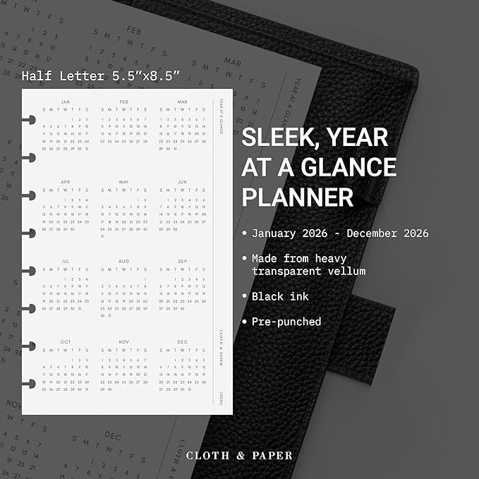Cloth & Paper 2026 Year At A Glance Single Page Dashboard | Half Letter 8 Disc Punch, 5.5 x 8.5 Inches | Transparent Vellum, Pre-Punched, Fits Large Folio, Full Year Calendar Insert for Planners
