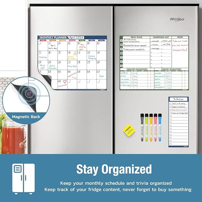 HOMiDEK Magnetic Dry Erase Calendar for Refrigerator, Fridge Whiteboard Calendar Magnet Meal Planner Menu Board with Magnetic list, Dry Erase Markers and Eraser - 14 x 11 Inches