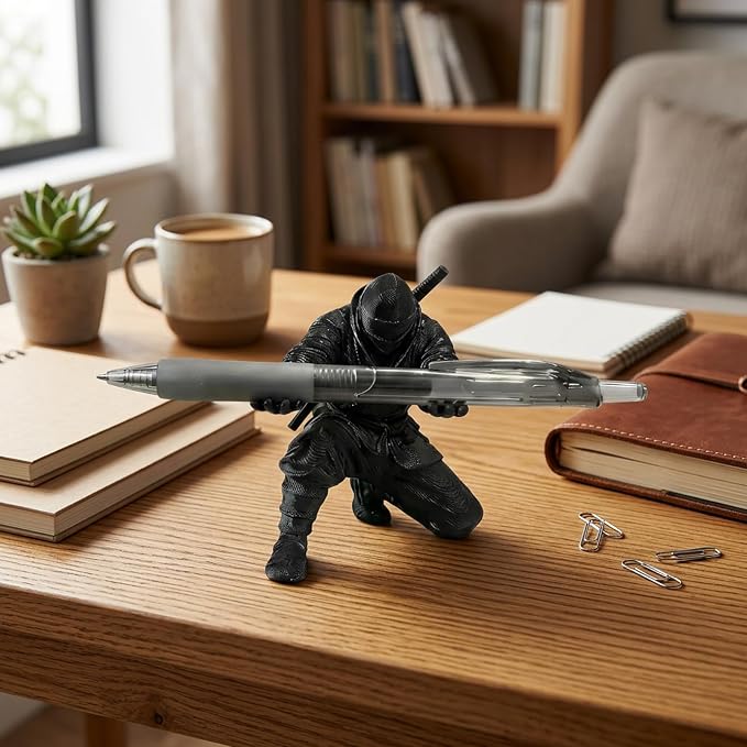 2 PCS Ninja Pen Holder for Desk, Black and White Samurai Pen Holder Desktop Decor, Unique Ninja Warrior Accessories & Desk Organizer for Office Supplies