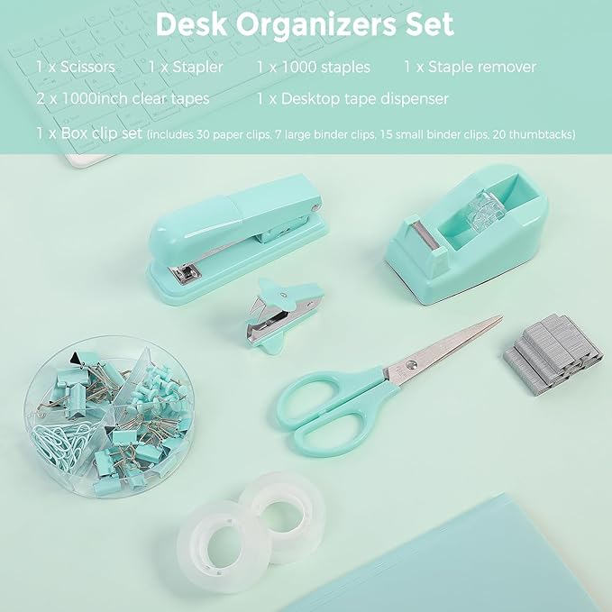 SKYDUE Teal Office Supplies Set - Desk Accessories, Stapler, Tape Dispenser, Scissors, Clips and 1000pcs Staples for Teachers