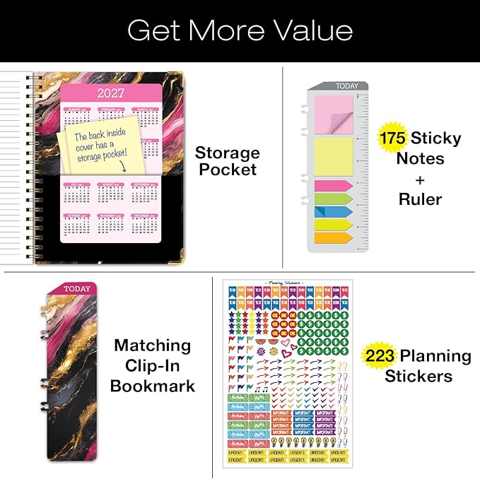HARDCOVER Academic Year 2026-2027 Planner: 14 Months (May 2026 Through June 2027) 8.5"x 11" Daily Weekly Monthly Planner Yearly Agenda. Bookmark, Pocket Folder and Sticky Note Set (Dark Gold Marble)