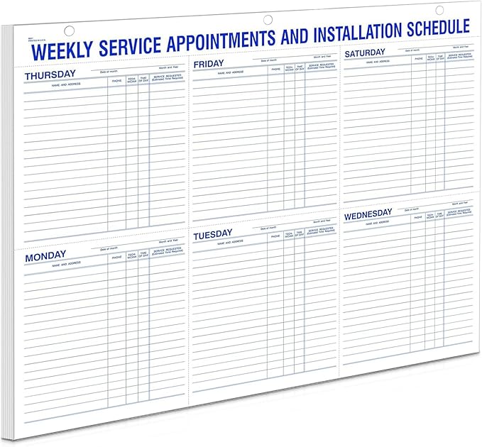 Weekly Service Appointment Schedule Pad 22 x 17 Desk Planner - Installation Scheduling Notepad, Technician Work Schedule Desk Pad, Perforated Office Appointment Log - 1 Pad (52 Sheets Per Pad)