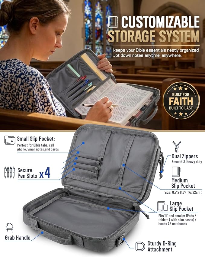 RXW Large Bible Cover Bag for Men Women, Tactical Bible Carrying Case Fully Padded of Double Layer Design, Utility Church Bag Organizer with Shoulder Strap for Tablet Art EDC, Christian Gifts for Mom