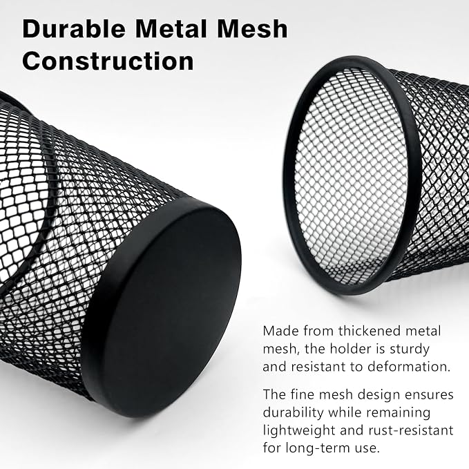 6 Pack Wire Mesh Pen Holder Set – Black Metal Pencil Cups for Desk Organizer, Office & Home Accessories