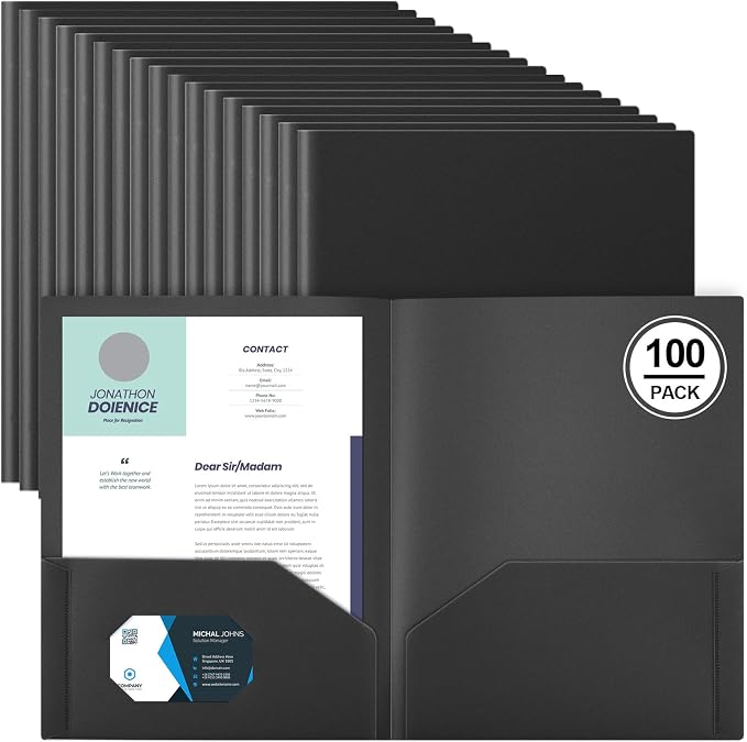Gueevin 100 Pack Plastic Folder with Pockets, 2 Pocket Folders, Plastic Glossy Folders Fit Letter Size Paper, Heavy Duty Durable File Folder with Business Card for Home Office School (Black)