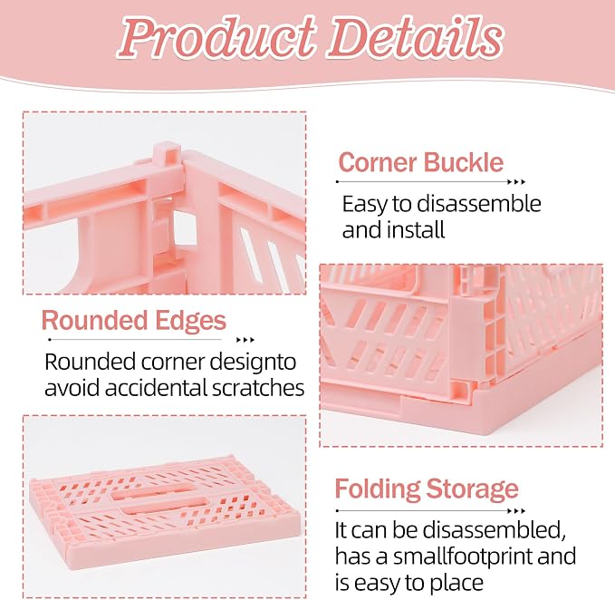 4-Pack Pink Baskets Plastic Storage Crate Small Baskets for Organizing Collapsible Storage Crates for Desk Organizers,Stackable Cute Storage Bins for Classroom,Office,Bathroom 5.9"x 3.9" x 2.3"