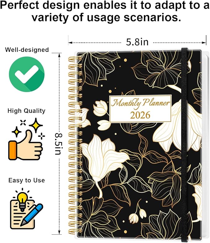 Monthly Planner 2026 - Monthly Calendar from January 2026 to December 2026, 2026 Planner with Inner Pocket, Elastic Band, 5.8" x 8.5", White Gold Flower