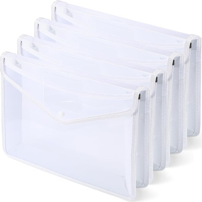 4 Pack A4 Expanding Plastic File Folders Waterproof Document Organizer with Snap Button Multiple Pockets, Office Home Office Storage (White)