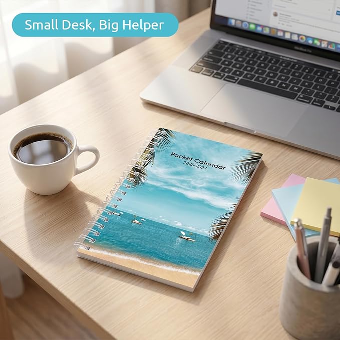 KONVINIT Pocket Calendar 2025-2027, Beach 2026 Pocket Calendar -3.5” × 6.5” - Runs from July 2025 until December 2027, 2026 Monthly Planner with Coil Cover for Organizing