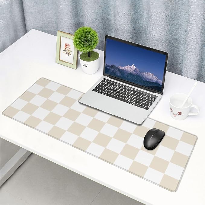Beige Checkered Aesthetic Gaming Mouse Pad, Large Mouse Pad for Desk Mat XXL XL Mousepad, Big Keyboard Pad Office Desk Accessories Decor