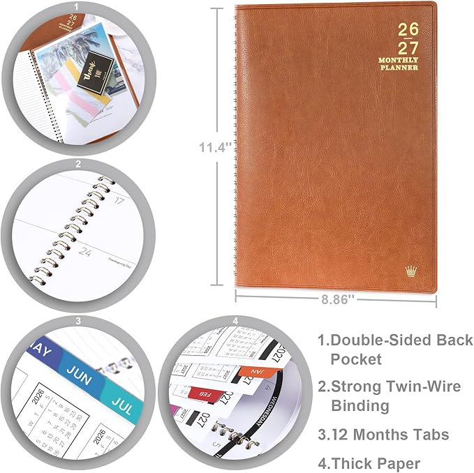 2026-2027 Monthly Planner - 2026-2027 Calendar/Planner 18 Months with Faux Leather, 8.86" x 11.4", Jul. 2026 - Dec. 2027, 15 Notes Pages, Strong Twin - Wire Binding, Pocket, Monthly Tabs, Perfect Organizer