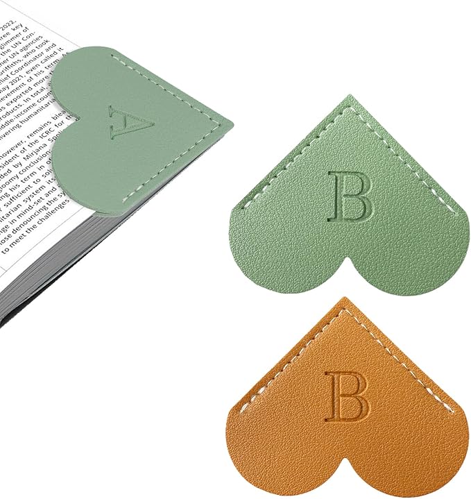 2Pcs Personalized Leather Heart Bookmark with Initial, 26 Letters Custom Corner Page Book Mark for Reading Women, Book Lovers, Teachers, Students, Cute Book Accessories Gifts(Green+Light Brown, B)