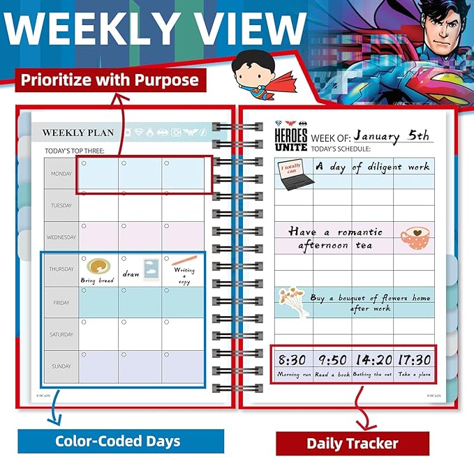 Superman 2026 Planner – Superhero Undated Daily, Weekly & Monthly Planner with Calendar & Holiday Tracker, Monthly Tabs, Habit Tracker, 12 Months Spiral Agenda Book for Office School Gift Supplies