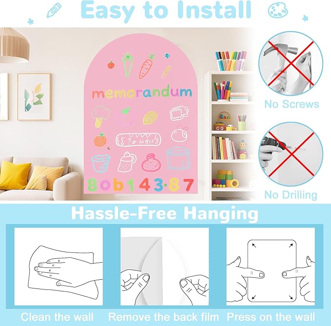 Magnetic Wall Decal for Kids 40x32 Inch Self Adhesive Magnet Arch Chalkboard for Wall Pink Chalkboard Contact Paper Peel and Stick with Letters and 12 Color Liquid Chalk for School Playroom