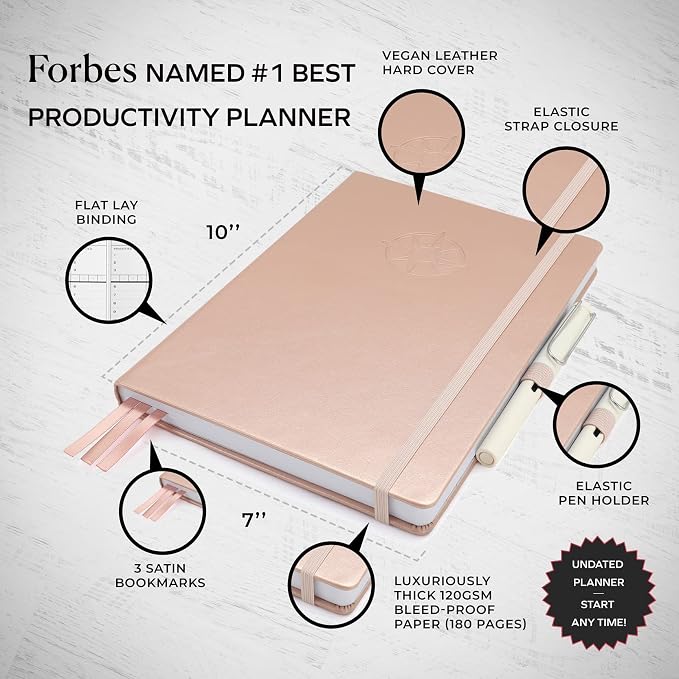 Smart Planner Pro – Undated Daily Planner – Medium B5 – Achieve Goals & Increase Productivity with Weekly, Monthly, Work Sections - Organizer Planner with Back Pocket, 3 Satin Bookmarks & Pen Holder