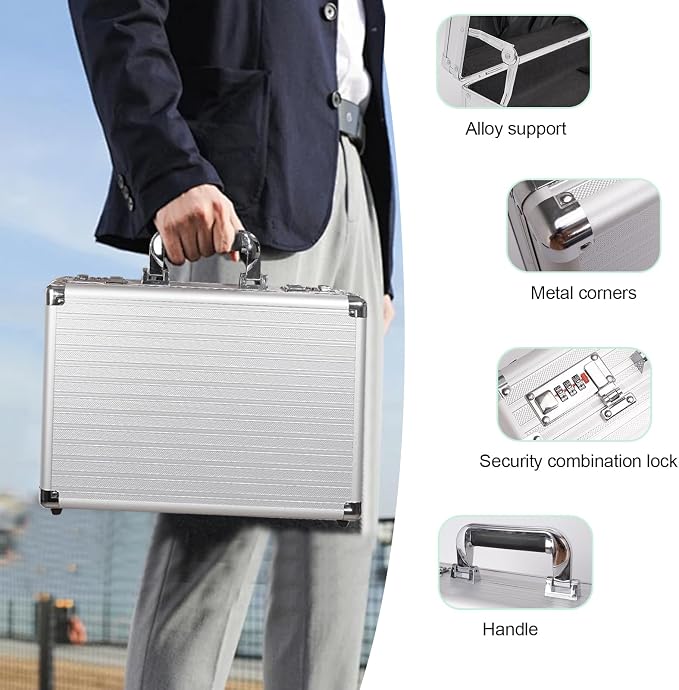 Locking Briefcase 15" File Organizer Storage Box, Portable with Dual Combination Locks, Durable Aluminum Alloy Frame for Cash/Documents, Ideal for Home/Office/Travel/Business