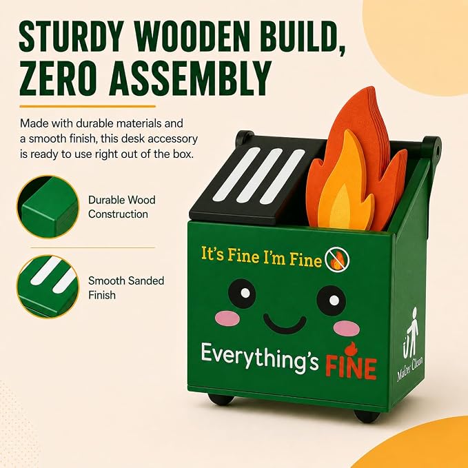 Desk Dumpster Fire Pen Holder – Everything’s Fine Funny Office Desk Decor, Mini Trash Can Pencil Holder Organizer with Flame Note Cards, Stress Relief White Elephant Gag Gift for Coworker