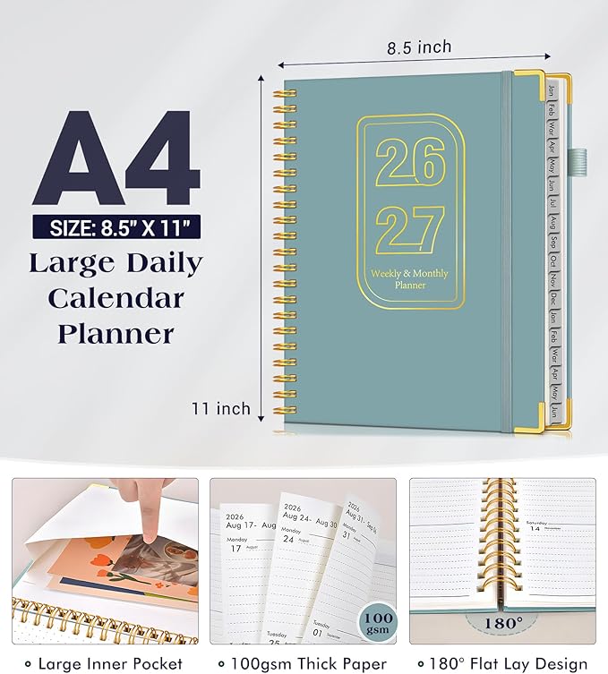 Planner 2026-2027, 18 Months Weekly and Monthly Hardcover Planner, January 2026 - June 2027, 8.5" x 11" A4 Large Daily Calendar Planner Book with Tabs, Spiral Yearly Agenda Organizer Notebook for School Work Home, Blue