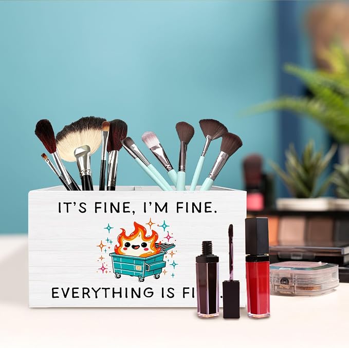 Humorous Dumpster Fire Pen Holder for Desk, It's Fine I'm Fine Funny Sarcastic Wooden Box Sign Desk Decor for Home Office Decoration, Dumpster Fire Gifts Pencil Organizer