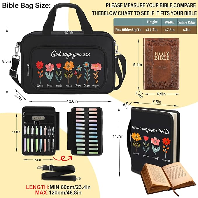 Large Bible Bags for Women Organizer with Bible Cover Case, Bible Cover Study Supplies Bible Journaling Kit Book Carrying Case with Bible Highlighters Tabs, Christian Gift for Women Mom