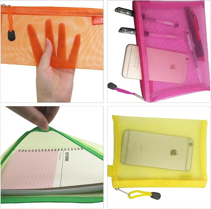 8 Pcs Zipper Mesh File Bags Folder Document Pockets with Bill B5 A5 A6 Size, AFUNTA 4 Color 4 Size Nylon Pencil Case Cosmetic Storage Office Pouch Holder- Orange, Yellow, Green, Rose Red