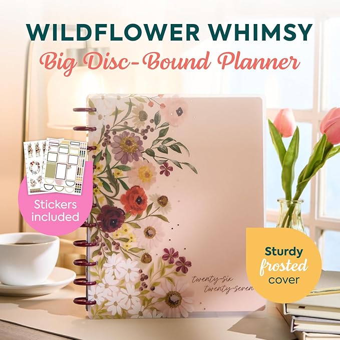 Happy Planner Disc-Bound Planner July 2026–June 2027, Includes 3 Extra Months and 2 Sticker Sheets, Big Size, 8.5" x 11", Horizontal Layout, Wildflower Whimsy