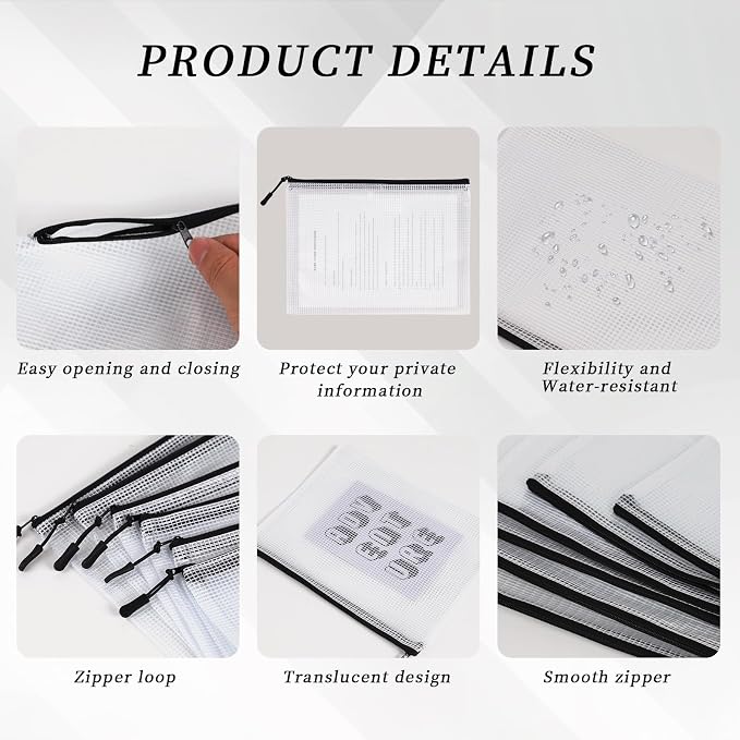 MultiBey 18 Pack Mesh Zipper Bags, 6 Sizes Black Waterproof Organizer Pouches for Puzzles, Travel, Office and School Supplies