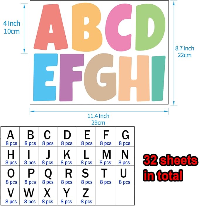 Bemeol Bulletin Board Letters 32 Sheets 4 Inch Stick on Letters Alphabet Cutout Letter for Bulletin Board Display School Classroom Home Decor(Colorful)