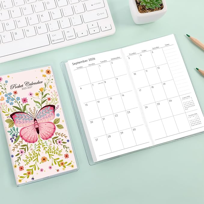 Phyxin Pocket Calendar 2025-2027, Two Year Pocket Planner - Runs From Jul 2025 Until Dec 2027, Small Size Planner - 6.7" x 3.7", Small Calendar for Easy Organizing, Butterfly