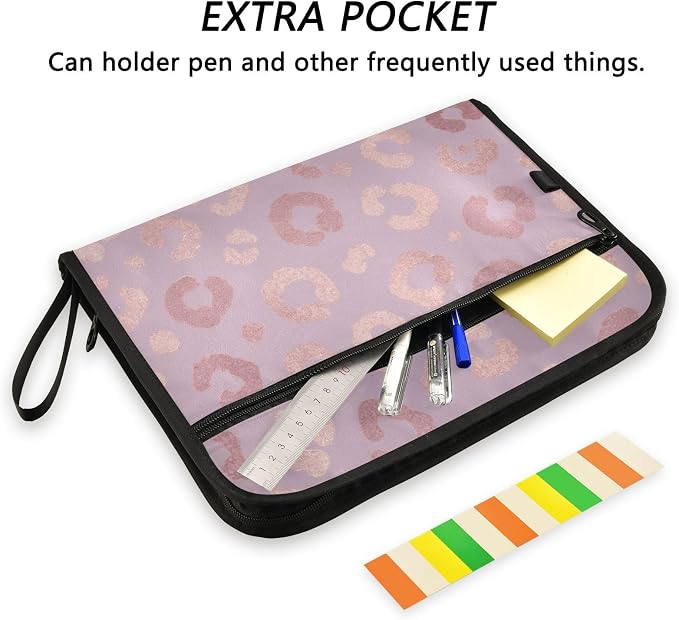 Rose Gold Leopard Expanding Accordion File Folder with 13 Pockets and Zipper Closure