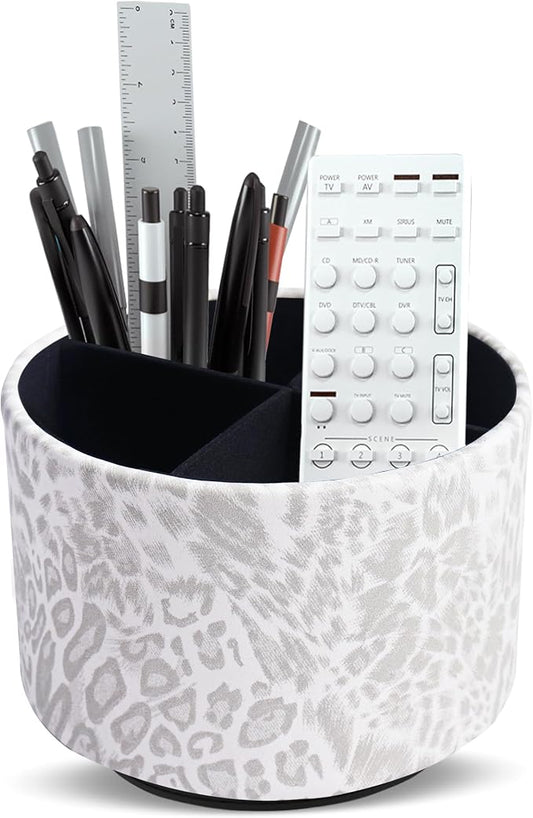 Round Leather Art Supply Organizer,Remote Control Holder,360 Degree Rotating,Multi-Functional Pencil Holder,4 Compartments Desktop Stationary Organizer(1-Leopard White)